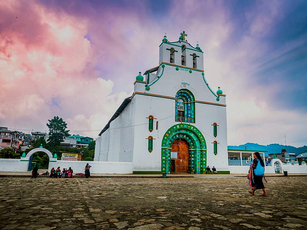 The church of San Juan Bautista in San Juan Chamula, a Tsotsil village in the Chiapas highlands